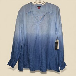 NWT Vince Camuto XL Womens Top Blue Ombre Long Sleeve V Neck 100% Linen Coastal